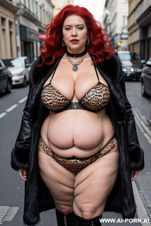 fat old milf, animal print hooker outfit, huge saggy boobs, fur coat, necklace, chocker, elries, street night, waist shot - #main