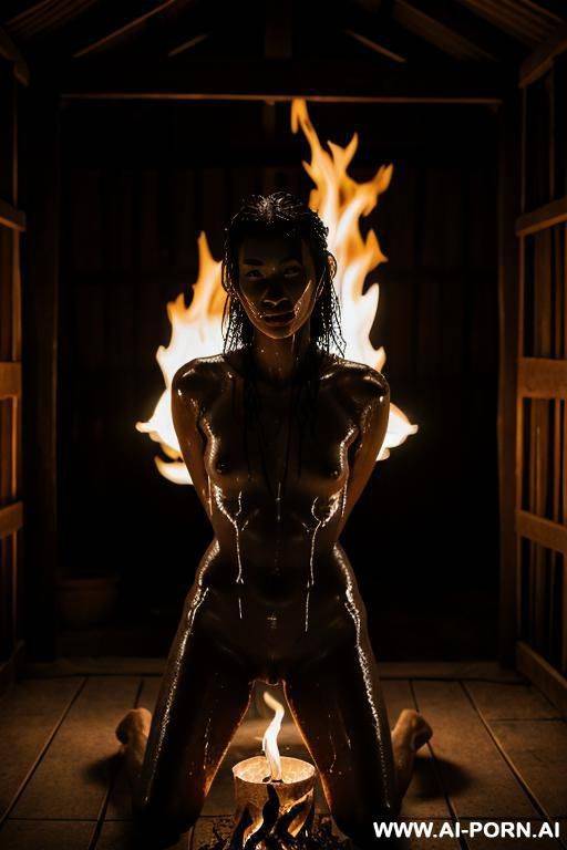 nude woman, native village, tied to a post, arms above her head, on her knees, head down, wet, fire light, dramatic lighting, monster - #main