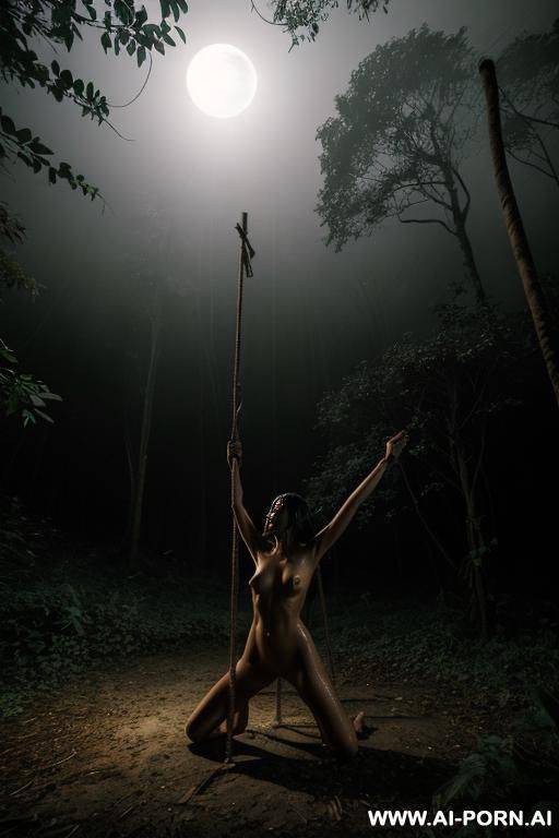 nude woman, on knees, arms over her head, dramatic lighting, jungle clearing, tied to a post, ropes, bonfire, moonlight, wet, night, fog - #main