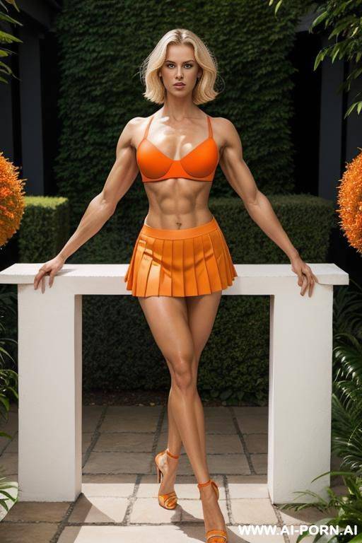 german, short hair, blonde, fit, abs, muscular arms, arms up, big ass, tall, long legs, navel piercing, orange bra, orange pleat skirt, looking at camera, full body, stiletto, in garden - #main