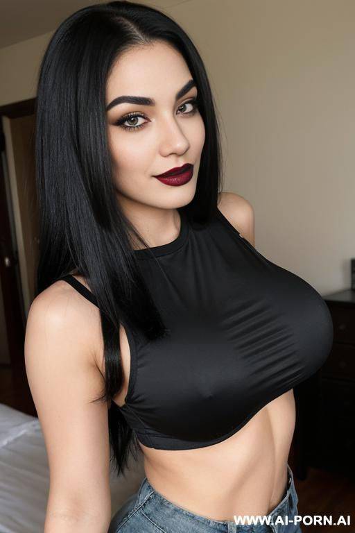 sexy 1-year-old woman goth, with long, straight jet-black hair, a large breast , and a , athletic physique. her dark brown eyes, eyebrows, and lips contribute to her of mischievous smirk. sexy short shirt and shorts for sleepover - #main