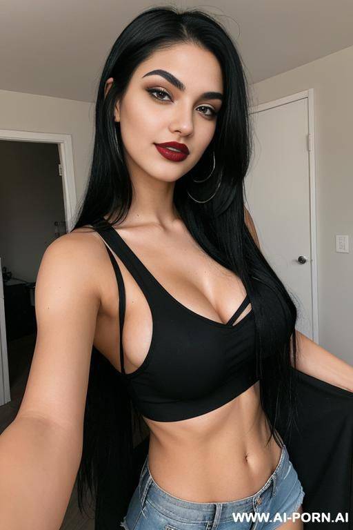 sexy 19-year-old woman goth, with long, straight jet-black hair, a large breast , and a , athletic physique. her dark brown eyes, eyebrows, and lips contribute to her of mischievous smirk. sexy short shirt and shorts for sleepover - #main