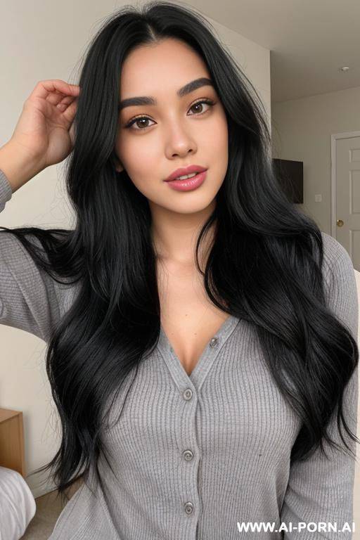 20-year-old woman with a slightly immature, mischievous, and playful demeanor. she has long, wavy black hair parted at the forehead, a large bust, and a curvy, healthy physique. her soft, - #main