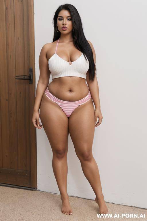 native clothes, brown skin, brown eyes, full pink lips, long straight black hair, white tube top with a red stripe below the thick pink stripe, white loincloth reaching down to her lower - #main
