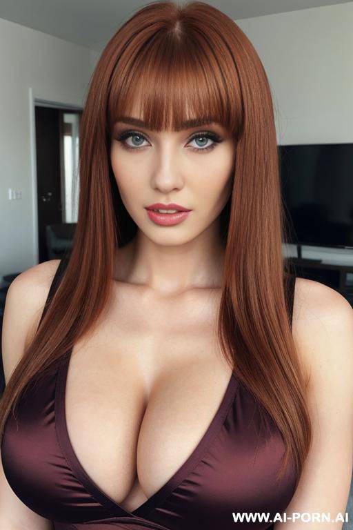 sexy 20-year-old woman has medium-length, straight ginger hair with straight-cut bangs, a very large breast, a large ass, and a strong, athletic physique. with s, plump lips and green eyes .wears pyjamas for sleepover. has a lust expression on her face - #main