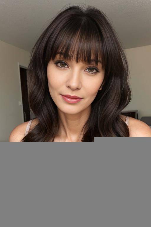 sexy 1-old woman. she has shoulder-length, wavy brunette hair with bangs, a breast, . brown eyes. wears pyjama for sleepover - #main