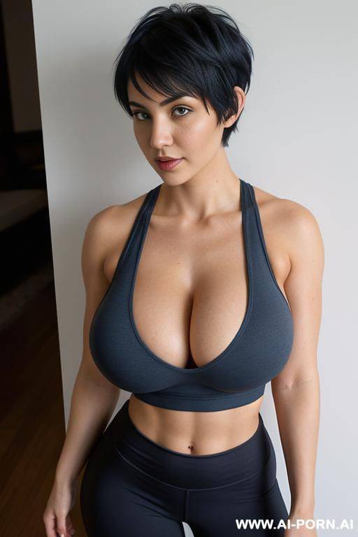 breasts spilling out, red tank top, ripped yoga pants, short hair - #main