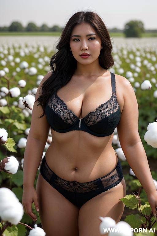 a beautiful, attractive, uzbek, buxom, strong, muscular, obese, woman picking cotton in a cotton field, looking confident at camera - #main