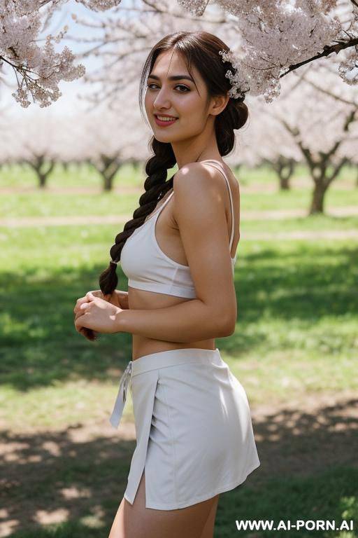 perfect ass in a short skirt and white tank top, braless, braided hair, looking up, (cleavage), diamond necklace - #main