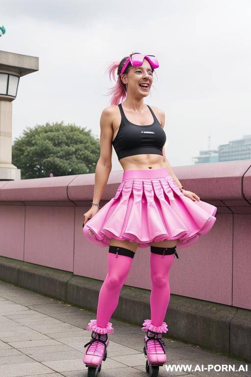 pink frilly rollerblader, skirt, pink, lewd, laughing, , abs, neon - #main