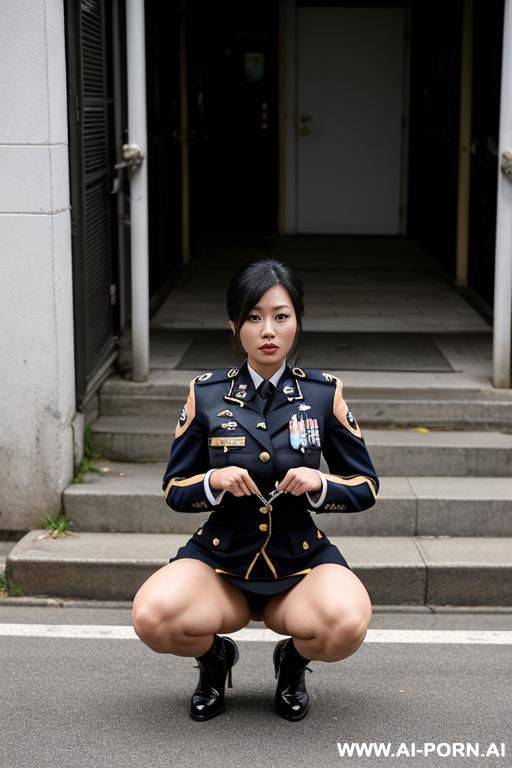 asian woman squatting in the street peeing in uniform - #main