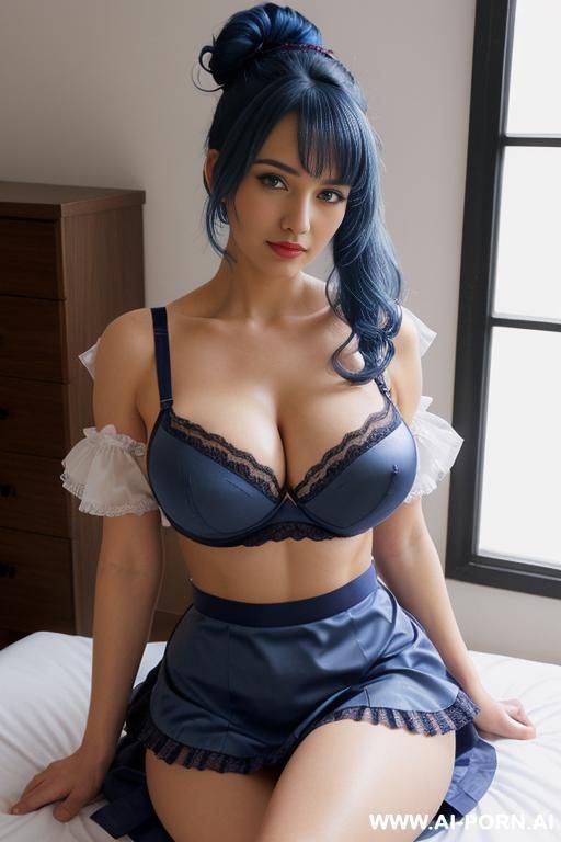 ((massive breasts)), wide hips, v-tappered abs, thick voluminous hair, low hair bun, navy hair, sexy eyes, eye contact, ((maid outfit)), sitting on bed, (((micro skirt))) - #main