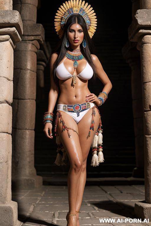 sexy aztec priestess, medium size tits, white and oily skin, aztec temple background. full body. - #main