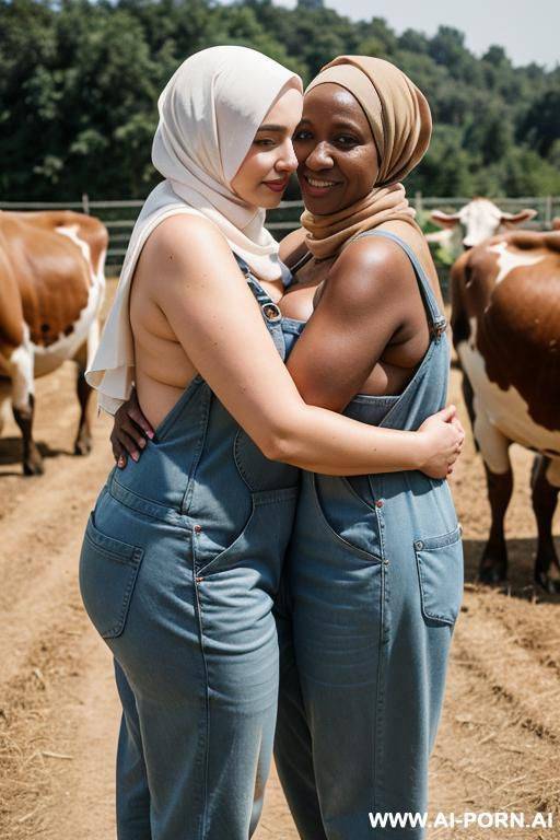 curvy russian chubby wife standing topless wearing hijab and overalls hugged from old african man in cows farm - #main