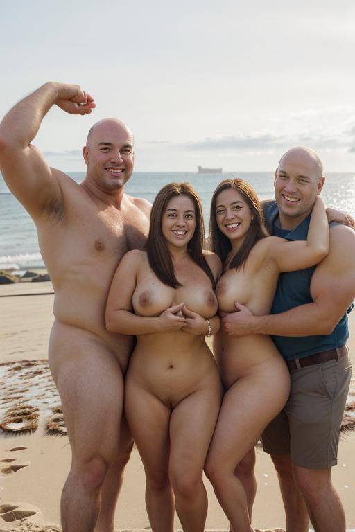 two very tall men hugging one woman, they are looking at her, they are much taller than her, single woman and two men, two men and one woman, man looking at woman, bald man, muscular - #main