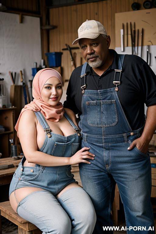 happy curvy russian chubby wife topless wearing hijab and overalls sitting with old black man in workshop - #main