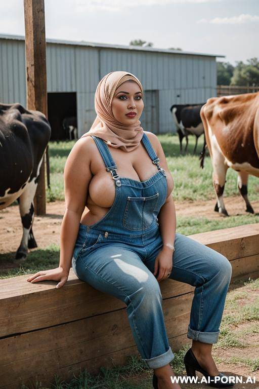 curvy russian chubby wife topless wearing hijab and overalls sitting with old african man in cows farm - #main