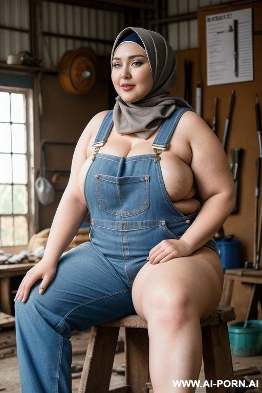 happy curvy russian chubby wife topless wearing hijab and overalls sitting with old african man in workshop - #main
