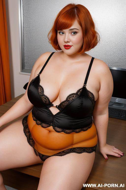 full body photo shot, about at classroom, so fat bbw chubby with love handless and tummy, she is wet and very excited, heart-shaped face, wearing a sexy and hot, orange lace stocking lingeries, leg´s up, short hair. - #main