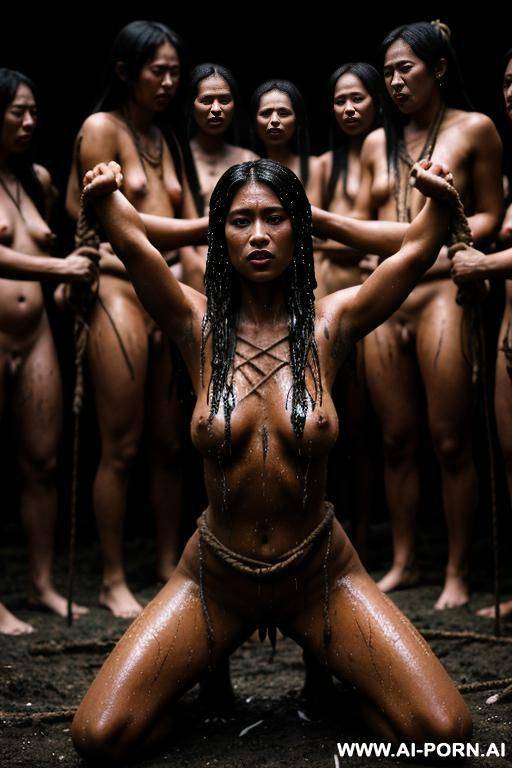 nude woman, outside, exterior native village, bonfire, tied up, tied to a stake, ropes, arms above her head, on her knees, head down, dark, wet, black splatter, dramatic lighting, monster, wide shot, male and female villagers watching in a circle - #main
