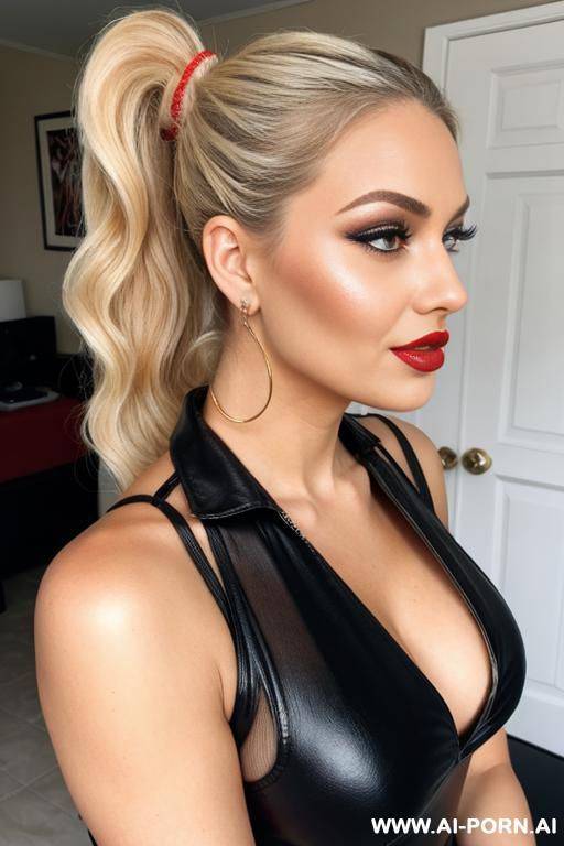 ponytail, blonde, red lipstick, milf, makeup, long curly hair - #main