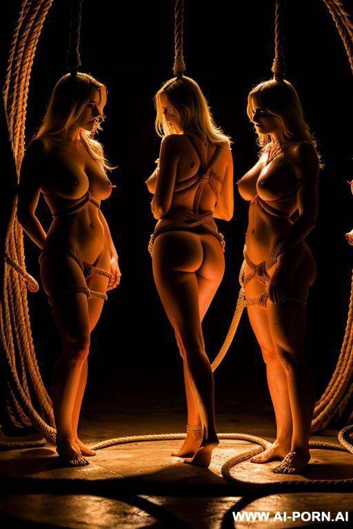 blonde woman, totally naked, barefoot, in hell, rope bondage, whipped by demon, group of women, dramatic lighting - #main