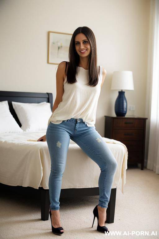 wearing tight blue jeans, with high heels and feet together - #main