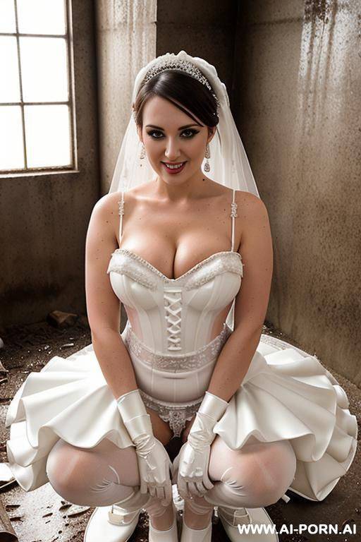 latex bride, frilly tutu, dirty, sweat stained, squatting over pile of mud, covered in dirt stains, covered in chocolate stains, (panties full of dirt), horny, ahegao, happy - #main