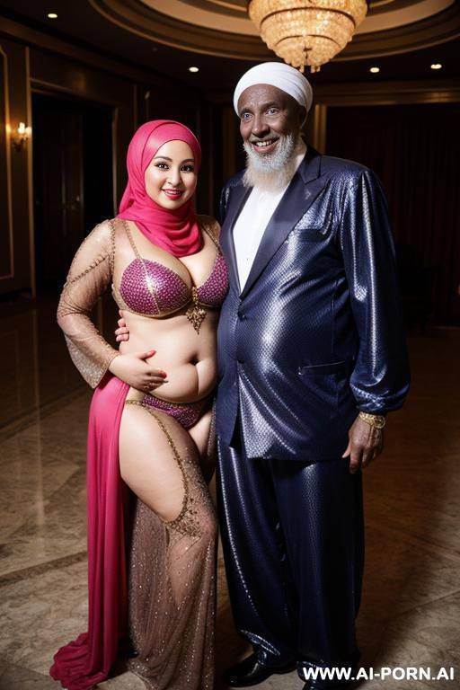 smiling curvy russian chubby wearing hijab and belly dancing suit costume standing with old african man - #main