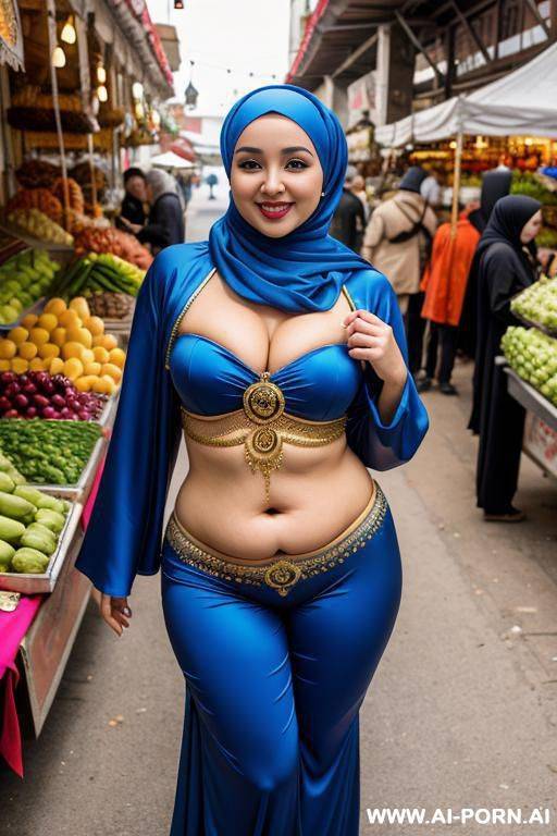 smiling curvy russian chubby wearing hijab and belly dancing suit costume standing in market - #main