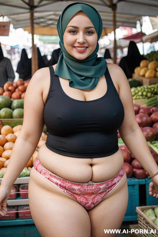 smiling curvy russian chubby wearing hijab، sleeveless shirt and panties standing in market - #main