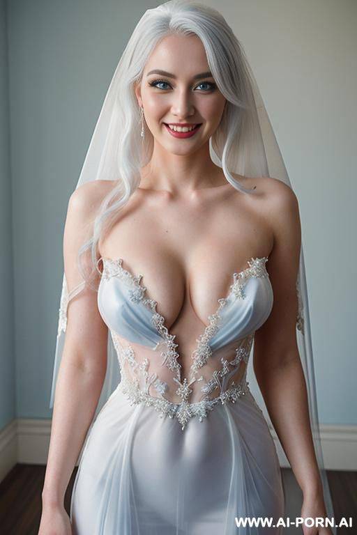 _photorealistic, very beautiful bride, very transparent wedding dress, topless, show nipples, (light blue eyes), very white skin, goth skin, uzbek, - #main