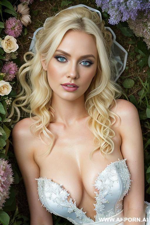 _photorealistic, very beautiful bride, wedding dress in flower garden, topless, show nipples, (light blue eyes), very white skin, goth skin - #main