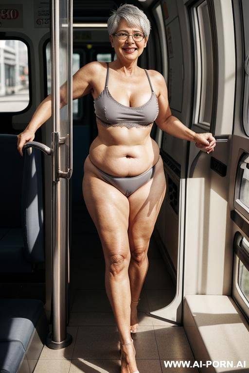 older woman, short grey hair, dark pubic hair, huge saggy natural breasts, round belly, medium ass, thick build, with glasses , standing naked - #main
