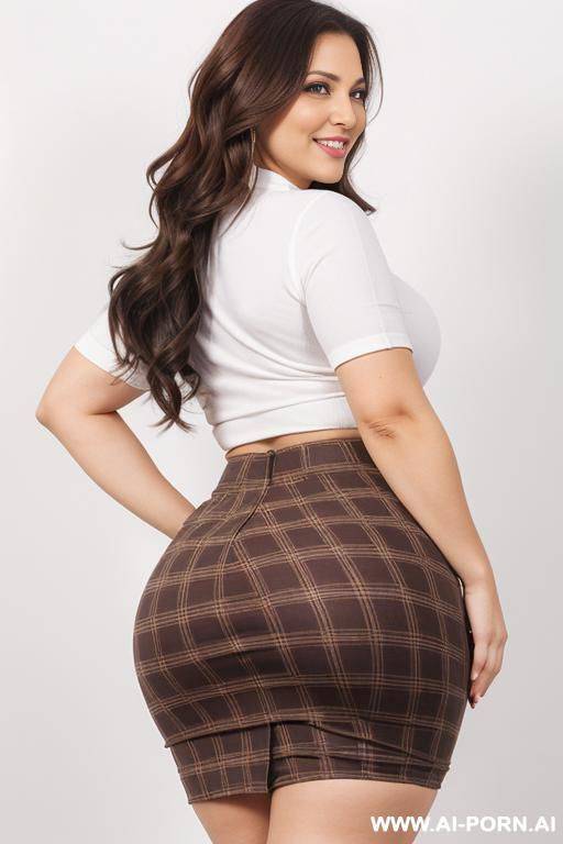 woman, 34-year-old, greek, curvy figure, dark-brown hair, wide hips, thick thighs, big full breasts, big round buttocks, plaid skirt, from behind, smile, side view, wide-angle shot, (white background) - #main