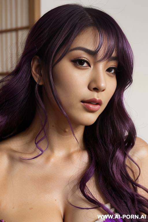 immersive, lovingly craving japanese, flowing wavy purple hair, closeup in luxurious clothes, she is seductively tanned, loud pleasure, real-life sei-ra sodes-hiro, - #main