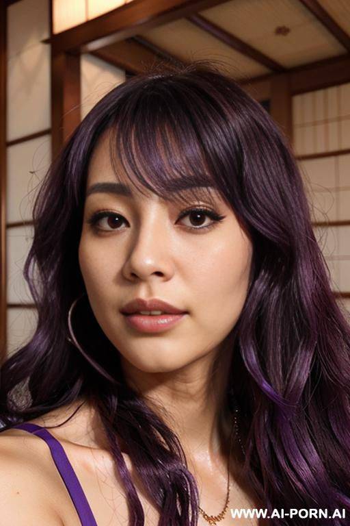 immersive, lovingly craving japanese, flowing wavy purple hair, closeup in luxurious clothes, she is seductively tanned, pleasure, real-life sei-ra sodes-hiro, - #main