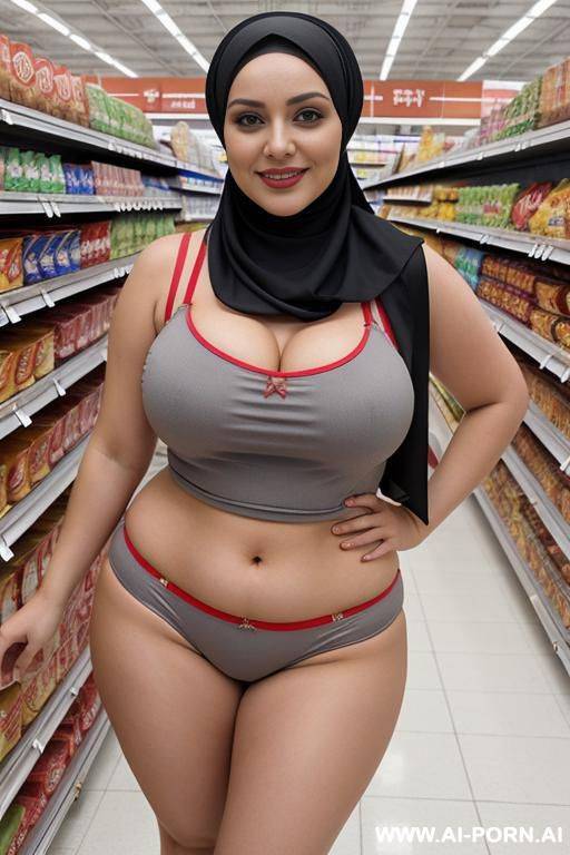 smiling curvy russian thick wife wearing hijab، sleeveless shirt and red and gray panties standing in supermarket - #main
