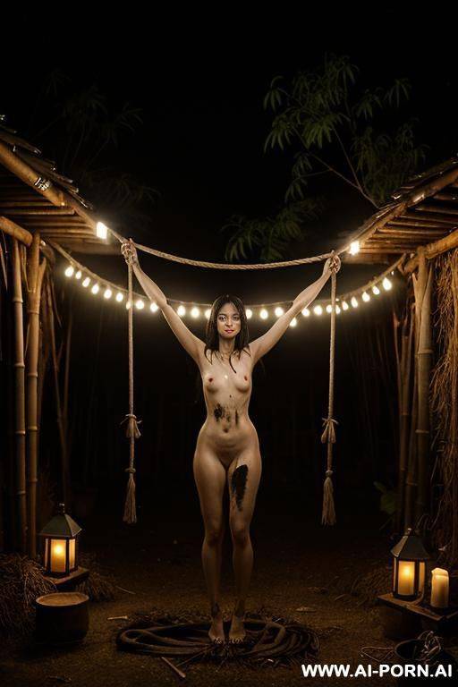 nude woman, outside, night, exterior native village, tied up, tied to a stake, ropes, arms above her head, suspended from a bamboo x-shaped framework, dark, wet, black splatter, dramatic lighting, monster, wide shot, villagers watching - #main