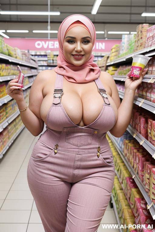 smiling curvy russian thick wife standing topless wearing hijab and pink overalls in supermarket - #main