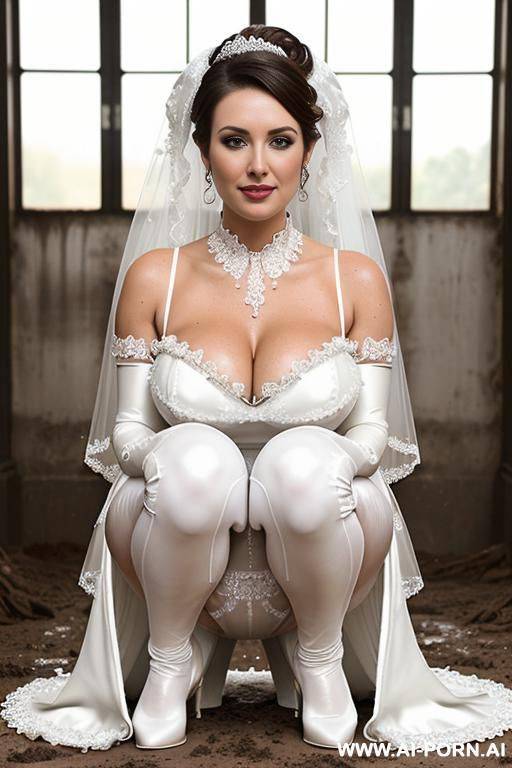 latex bride, frilly tutu, dirty, squatting over pile of mud, covered in dirt stains, covered in chocolate stains, panties full of dirt - #main