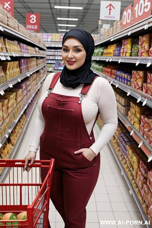 smiling curvy russian thick wife standing topless wearing hijab and red overalls in supermarket - #main
