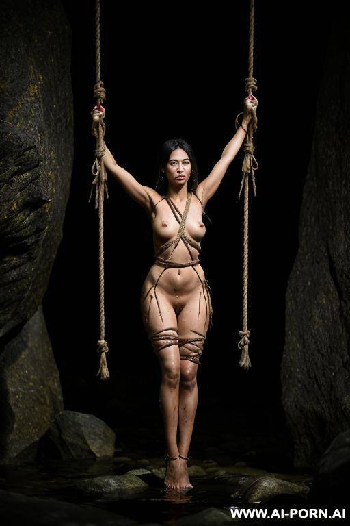 nude woman, outside, night, exterior native village, tied up, tied to a stake, ropes, arms above her head, suspended from a large rock, dark, wet, black splatter, dramatic lighting, monster, wide shot, villagers watching - #main