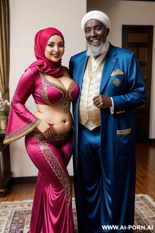 smiling curvy russian chubby wearing hijab and belly dancing suit costume standing with old african man - #main