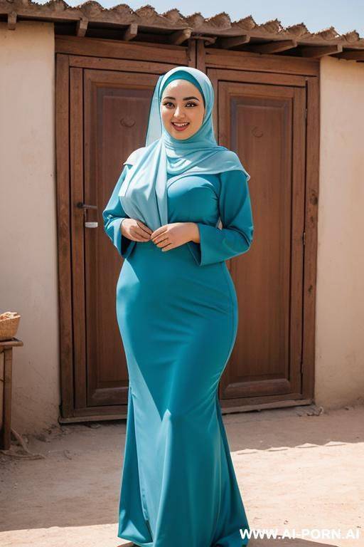 smiling curvy uzbek wife standing fully naked wearing hijab hugged from uzbek man in uzbek village - #main