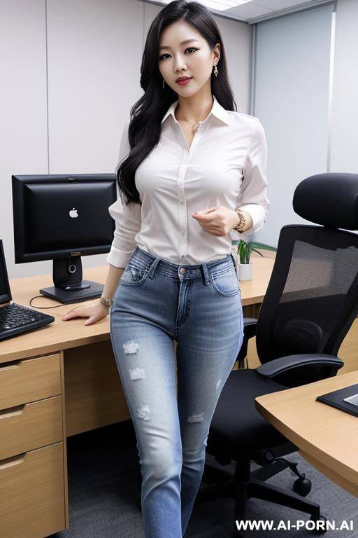korean female boss in office, wearing jeans - #main