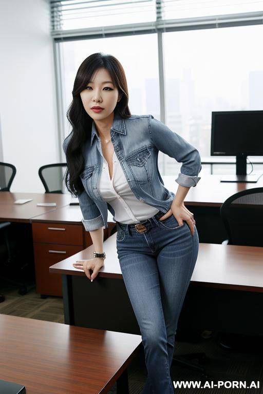 korean female boss in office, wearing jeans, leaning over the table with head - #main