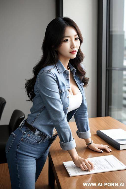 the korean woman is the female boss, wearing jeans, leaning over the table - #main