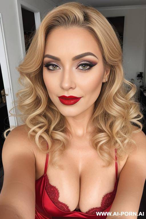 blonde, red lipstick, milf, makeup, long curly hair, selfie, skin - #main