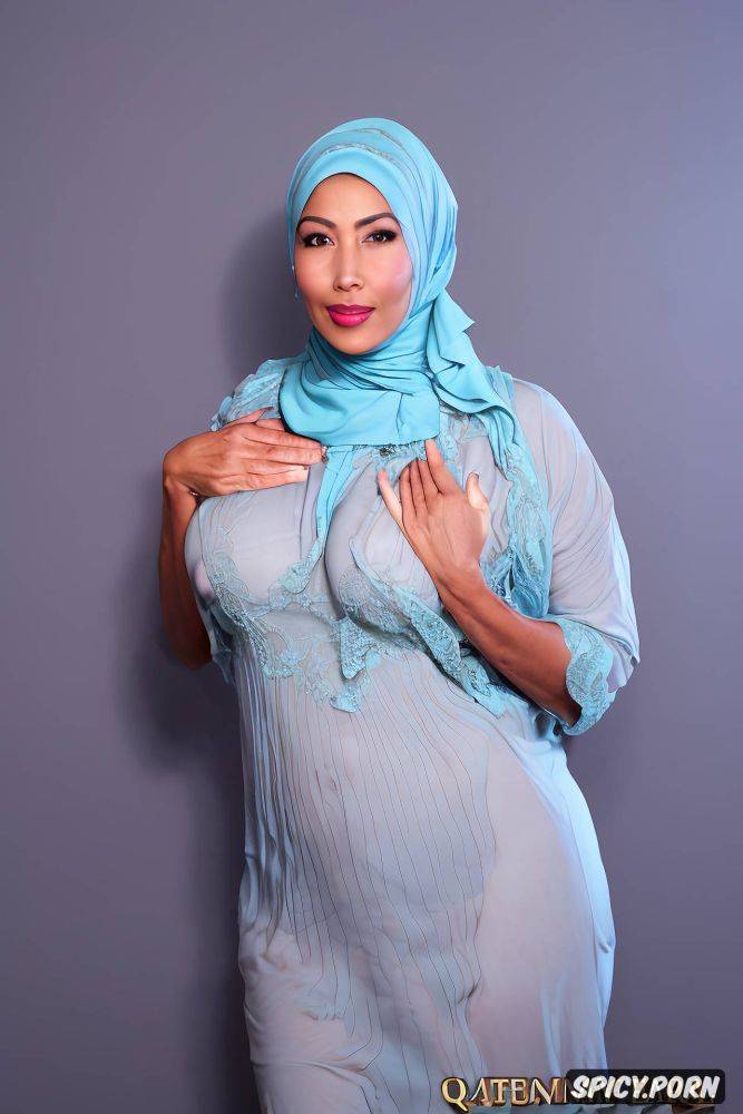 stunning middle east lady, hijab, very large breast, solid pastel color background - #main